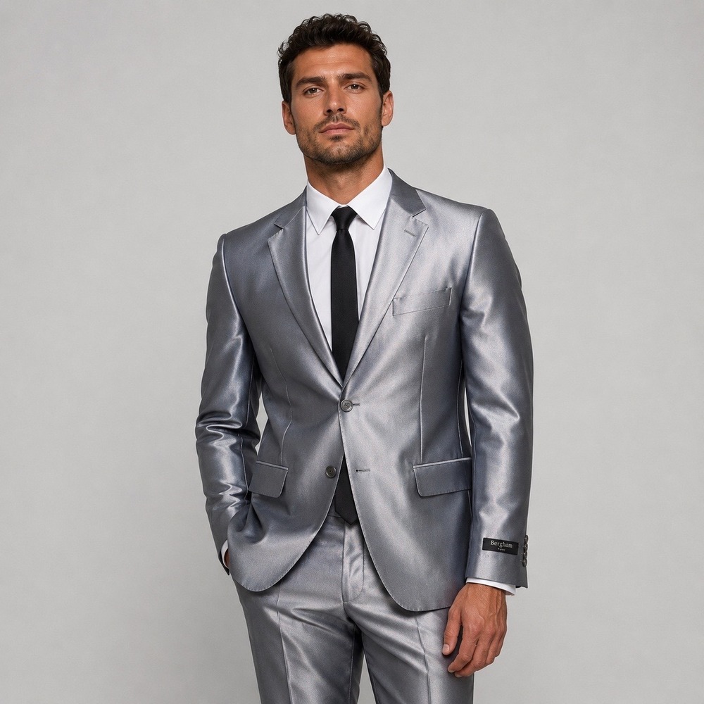 Bergham Taylor Made in Italy Metallic Silver Suit Set Blazer & Dress Slacks  NWT